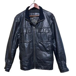Vintage Y2K Gap Leather Jacket Mens Medium Black Full Zip Bomber Biker Moto
